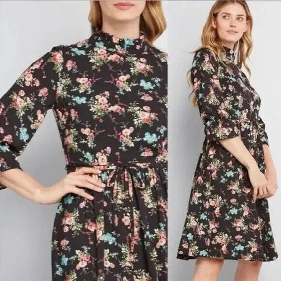 Modcloth Floral Print Mock Neck LS Dress Women's Plus Size 4X *Belt NOT Included - Picture 3 of 12